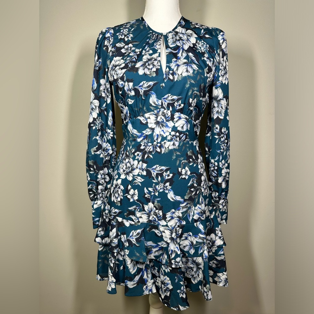 PARKER Elegant long-sleeve flounce mini dress with keyhole neckline